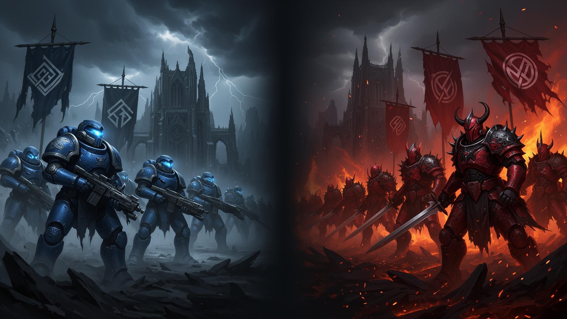 Grimdark sci-fi tournament battlefield with opposing armored factions